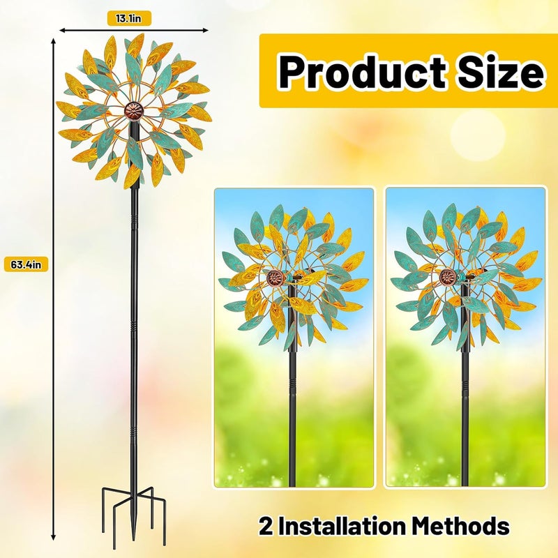 YOADEHOA دوارات الرياح المعدنية الخارجية، مطاحن الرياح الحركية، فن حديقة مطاحن الرياح مع دعامات معدنية، تماثيل دوارة عتيقة، دوارات مقاومة للماء، مطاحن رياح كبيرة للباحات والحدائق (أصفر+أزرق) - Image 5